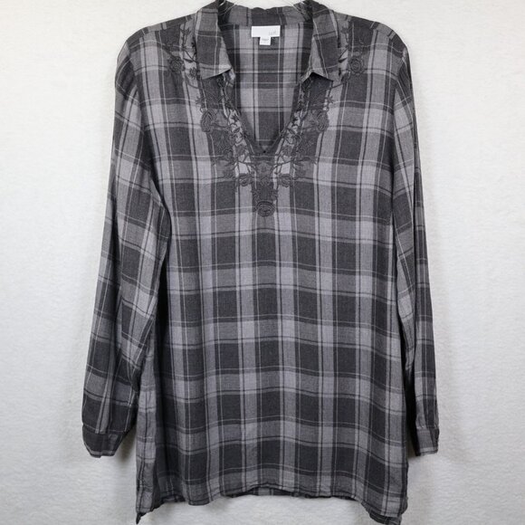J Jill Plaid Long Sleeve Tunic Popover Gray Floral Embroidered 100% Rayon Large - Picture 2 of 8